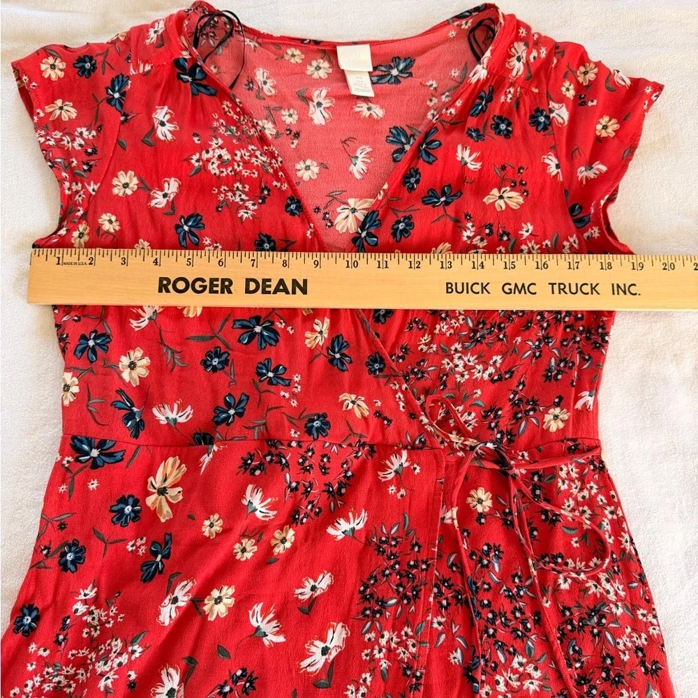 Cottagecore Red Floral Flowy Boho Tomato Midi Wrap Dress Feminine Size 8 H&M - Picture 15 of 15